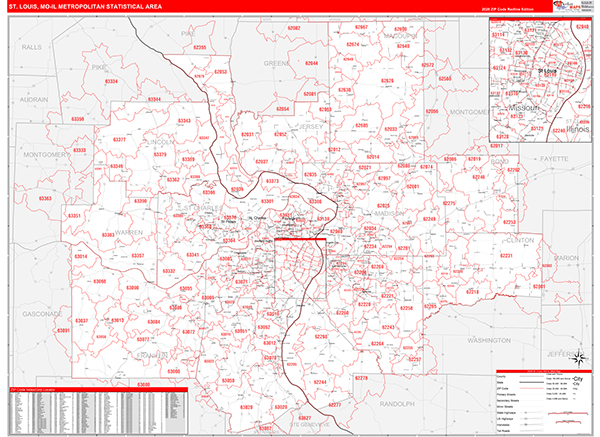 St. Louis Metro Area Wall Map Red Line Style